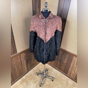 BEAUTIFUL MULTICOLOR BLACK & BROWN PERSIAN LAMB KARAKUL FUR COAT JACKET X-LARGE
